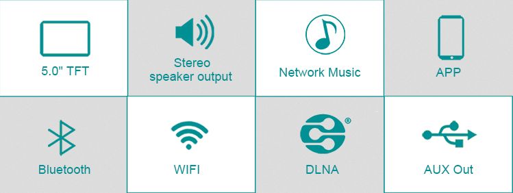 Opcje radia Auxdio - 5.0# TFT, stereo speaker output, muzyka z sieci, APP, Bluetooth, Wi-Fi, DLNA, AUX Out